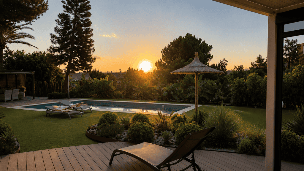 Instalación de césped artificial en Estepona integrado con tarima de madera y rocalla al atardecer